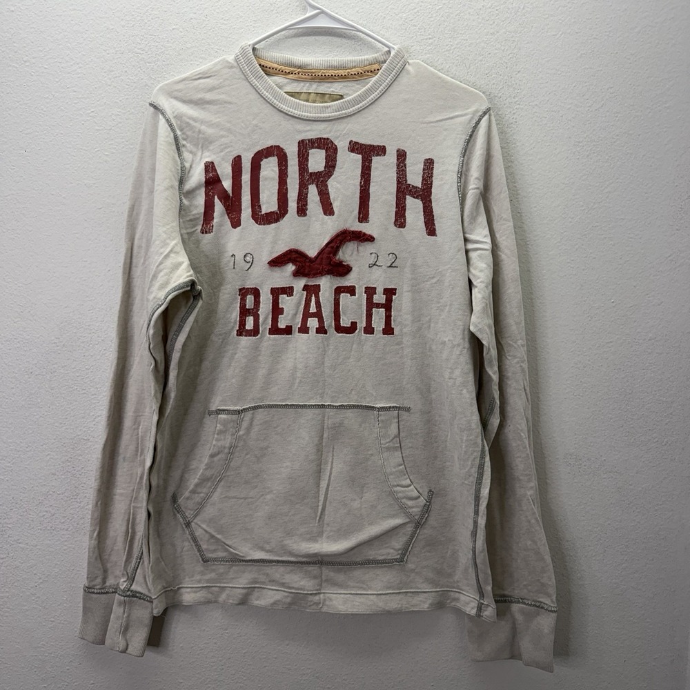 Y2K Hollister North Beach Mens Long Sleeve Graphic Shirt M Surf Kangaroo Pocket